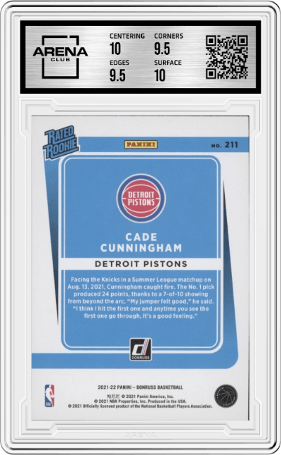 Cade Cunningham from the 2021-22 Panini Donruss set graded by Arena Club and given an overall grade of 10.