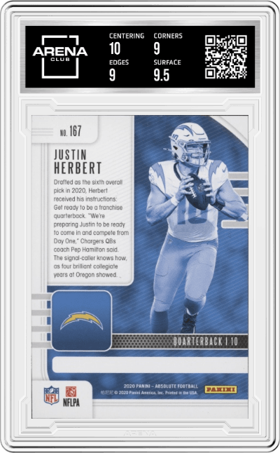 Justin Herbert from the 2020 Panini Absolute set graded by Arena Club and given an overall grade of 9.5.
