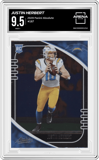 Justin Herbert from the 2020 Panini Absolute set graded by Arena Club and given an overall grade of 9.5.