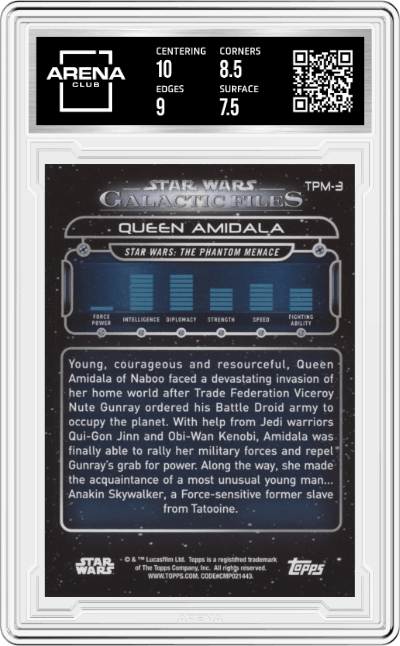 Queen Amidala from the 2017 Topps Star Wars Galactic Files Reborn  set featuring a Orange parallel graded by Arena Club and given an overall grade of 8.