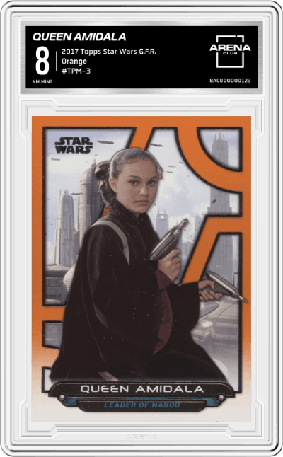Queen Amidala from the 2017 Topps Star Wars Galactic Files Reborn  set featuring a Orange parallel graded by Arena Club and given an overall grade of 8.