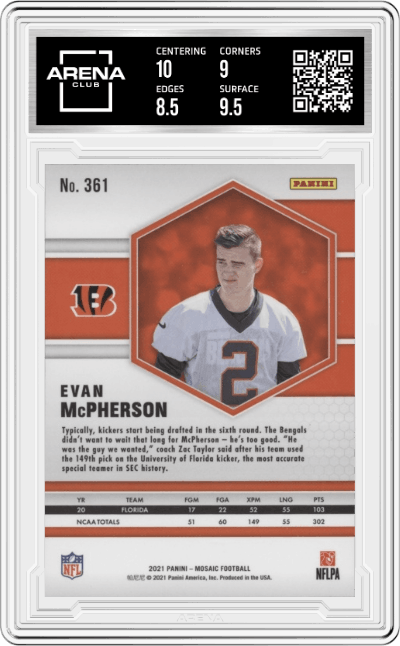 Evan McPherson from the 2021 Panini Mosaic set graded by Arena Club and given an overall grade of 9.