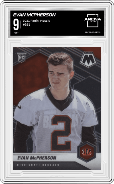 Evan McPherson from the 2021 Panini Mosaic set graded by Arena Club and given an overall grade of 9.