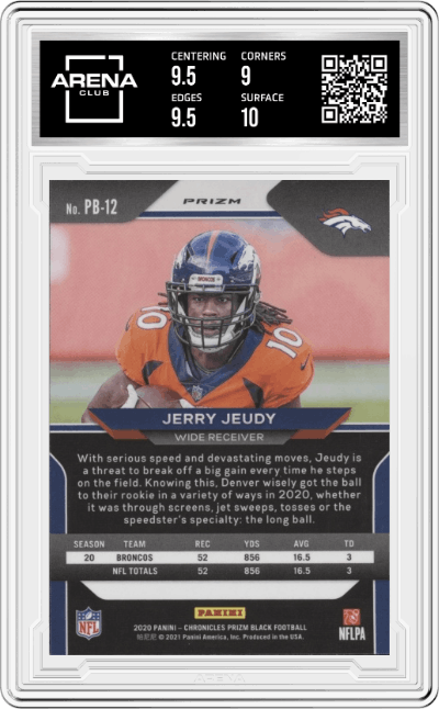 Jerry Jeudy from the 2020 Panini Chronicles set featuring a Silver Prizm parallel graded by Arena Club and given an overall grade of 9.5.
