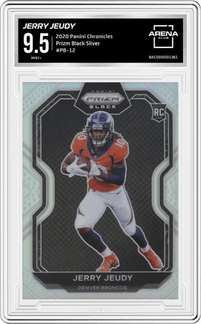 Jerry Jeudy from the 2020 Panini Chronicles set featuring a Silver Prizm parallel graded by Arena Club and given an overall grade of 9.5.