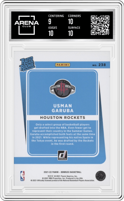 Usman Garuba from the 2021-22 Panini Donruss set featuring a Red Holo Laser parallel graded by Arena Club and given an overall grade of 9.5.
