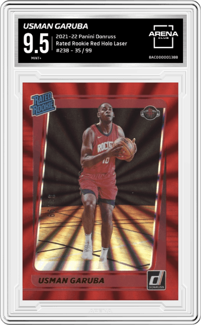 Usman Garuba from the 2021-22 Panini Donruss set featuring a Red Holo Laser parallel graded by Arena Club and given an overall grade of 9.5.