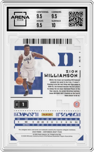 Zion Williamson  from the 2020-21 Panini Contenders Draft Picks set featuring a Green Explosion parallel graded by Arena Club and given an overall grade of 10.