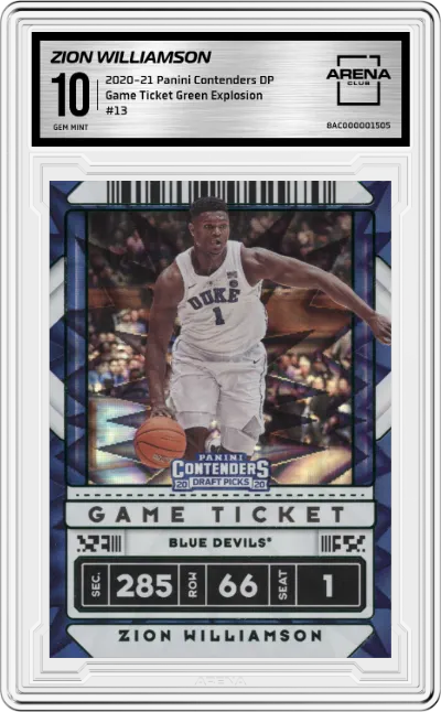 Zion Williamson  from the 2020-21 Panini Contenders Draft Picks set featuring a Green Explosion parallel graded by Arena Club and given an overall grade of 10.