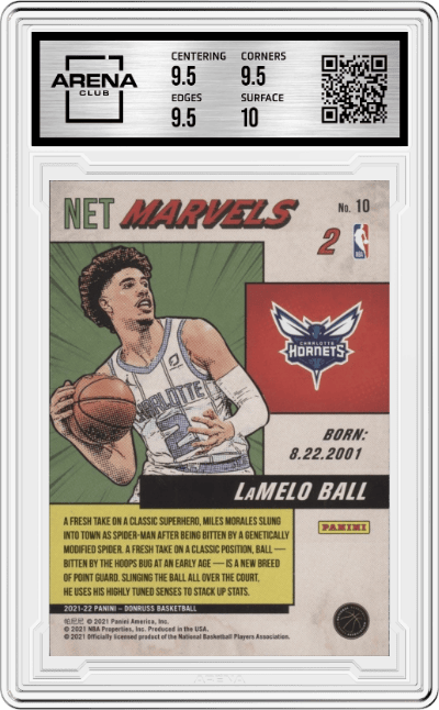 LaMelo Ball from the 2021-22 Panini Donruss set graded by Arena Club and given an overall grade of 10.