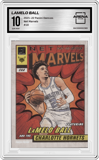 LaMelo Ball from the 2021-22 Panini Donruss set graded by Arena Club and given an overall grade of 10.