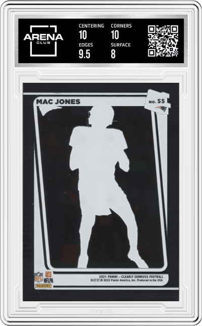 Mac Jones from the 2021 Panini Clearly Donruss set graded by Arena Club and given an overall grade of 8.5.