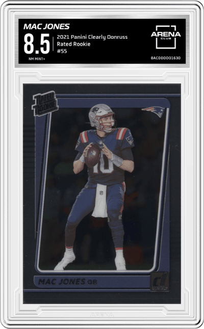 Mac Jones from the 2021 Panini Clearly Donruss set graded by Arena Club and given an overall grade of 8.5.