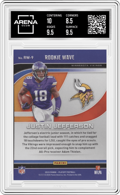 Justin Jefferson from the 2020 Panini Playoff set graded by Arena Club and given an overall grade of 9.