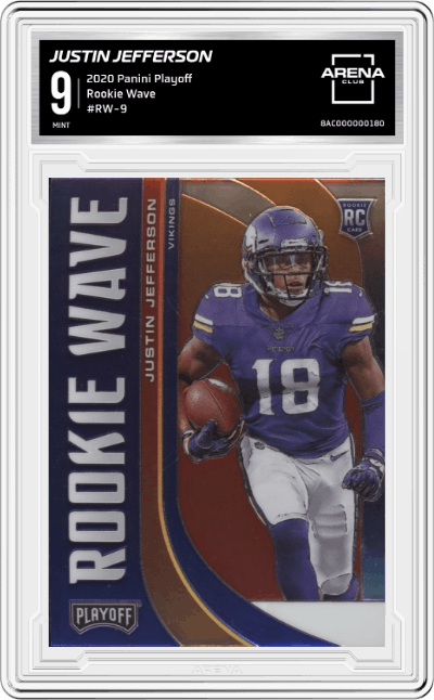 Justin Jefferson from the 2020 Panini Playoff set graded by Arena Club and given an overall grade of 9.