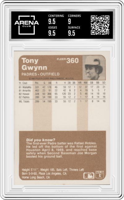 Tony Gwynn from the 1983 Fleer  set graded by Arena Club and given an overall grade of 9.5.