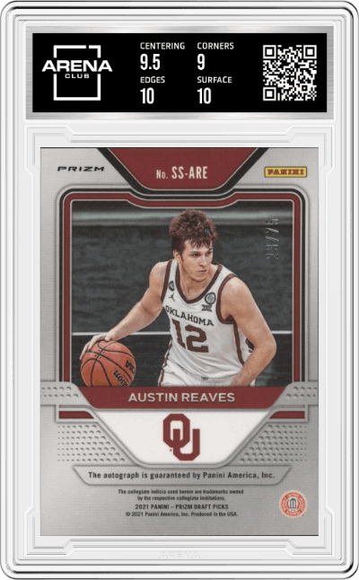 Austin Reaves from the 2021-22 Panini Prizm Draft Picks set featuring a Blue Ice Prizm parallel graded by Arena Club and given an overall grade of 9.5.