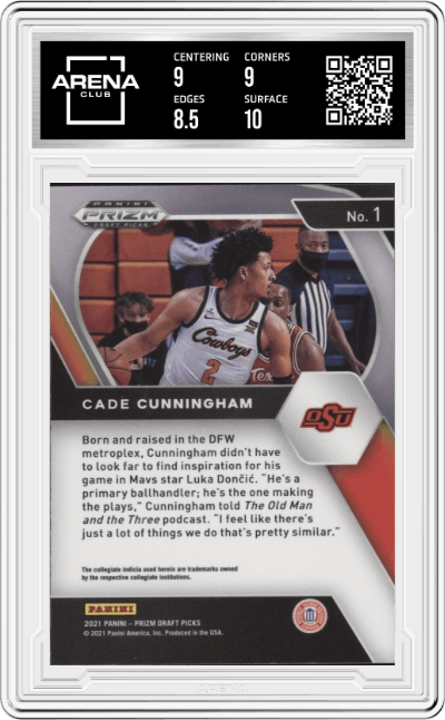 Cade Cunningham from the 2021-22 Panini Prizm Draft Picks set graded by Arena Club and given an overall grade of 9.