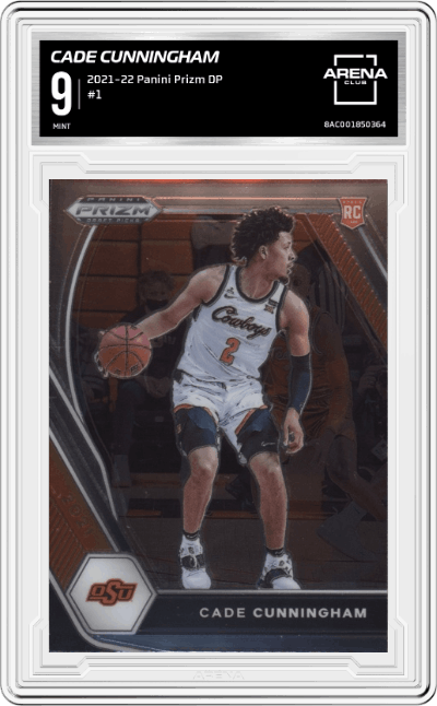 Cade Cunningham from the 2021-22 Panini Prizm Draft Picks set graded by Arena Club and given an overall grade of 9.