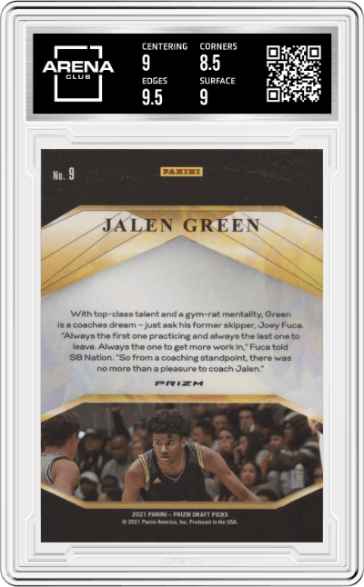 Jalen Green from the 2021-22 Panini Prizm Draft Picks set featuring a Silver Prizm parallel graded by Arena Club and given an overall grade of 9.