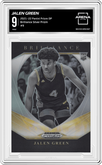 Jalen Green from the 2021-22 Panini Prizm Draft Picks set featuring a Silver Prizm parallel graded by Arena Club and given an overall grade of 9.