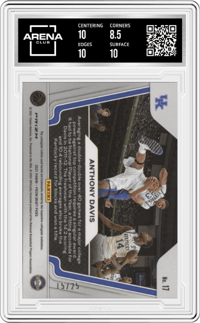 Anthony Davis from the 2021-22 Panini Prizm Draft Picks set featuring a Mojo Prizm parallel graded by Arena Club and given an overall grade of 9.