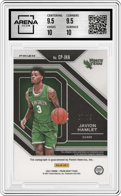 Javion Hamlet from the 2021-22 Panini Prizm Draft Picks set featuring a Blue Ice Prizm parallel graded by Arena Club and given an overall grade of 10.