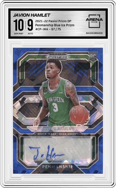 Javion Hamlet from the 2021-22 Panini Prizm Draft Picks set featuring a Blue Ice Prizm parallel graded by Arena Club and given an overall grade of 10.