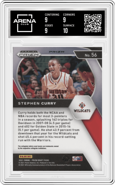 Stephen Curry from the 2021-22 Panini Prizm Draft Picks set featuring a Silver Prizm parallel graded by Arena Club and given an overall grade of 9.5.