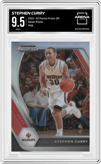 Stephen Curry from the 2021-22 Panini Prizm Draft Picks set featuring a Silver Prizm parallel graded by Arena Club and given an overall grade of 9.5.