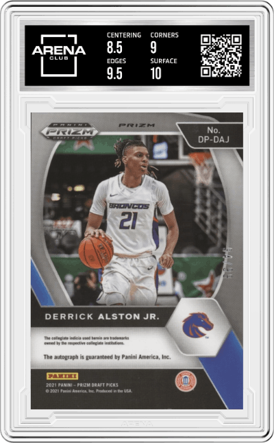 Derrick Alston Jr. from the 2021-22 Panini Prizm Draft Picks set featuring a Purple Ice Prizm  parallel graded by Arena Club and given an overall grade of 9.