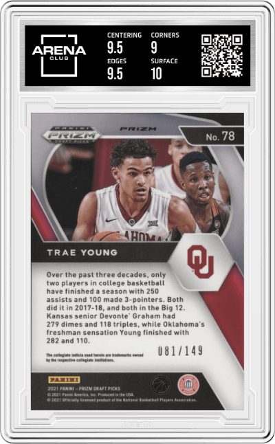 Trae Young from the 2021-22 Panini Prizm Draft Picks set featuring a Purple Ice Prizm  parallel graded by Arena Club and given an overall grade of 9.5.