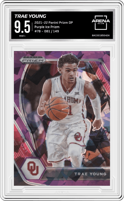 Trae Young from the 2021-22 Panini Prizm Draft Picks set featuring a Purple Ice Prizm  parallel graded by Arena Club and given an overall grade of 9.5.