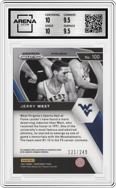 Jerry West from the 2021-22 Panini Prizm Draft Picks set featuring a Blue Wave parallel graded by Arena Club and given an overall grade of 10.