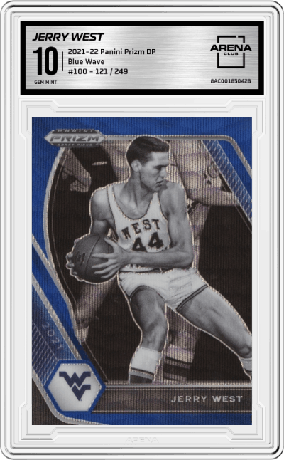 Jerry West from the 2021-22 Panini Prizm Draft Picks set featuring a Blue Wave parallel graded by Arena Club and given an overall grade of 10.