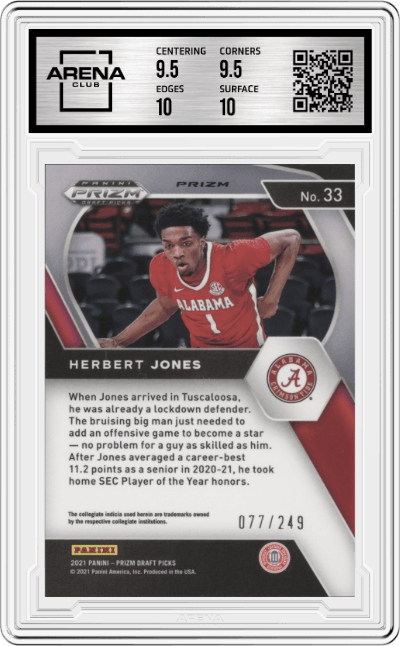 Herbert Jones from the 2021-22 Panini Prizm Draft Picks set featuring a Blue Wave Prizm parallel graded by Arena Club and given an overall grade of 10.