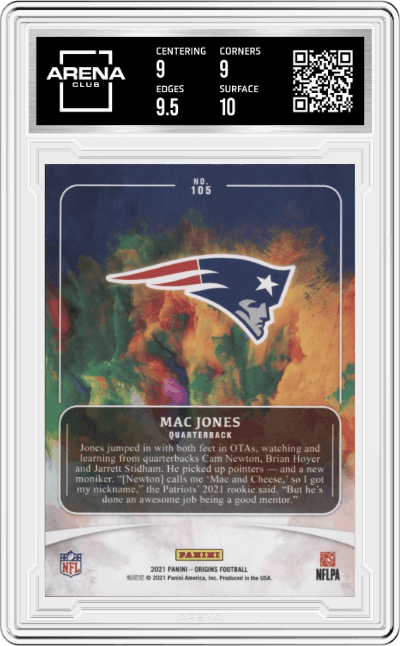 Mac Jones from the 2021 Panini Origins set graded by Arena Club and given an overall grade of 9.5.