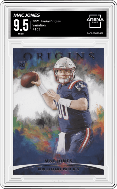 Mac Jones from the 2021 Panini Origins set graded by Arena Club and given an overall grade of 9.5.
