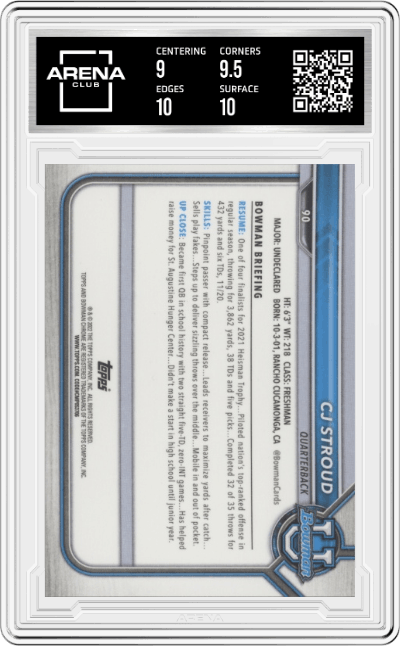 CJ Stroud from the 2021-22 Bowman University set featuring a Blue Refractor parallel graded by Arena Club and given an overall grade of 9.5.
