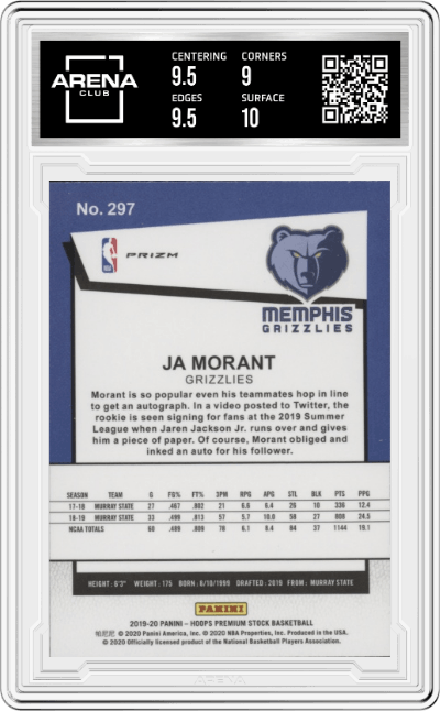 Ja Morant from the 2019-20 Panini Hoops Premium Stock set featuring a Blue Cracked Ice parallel graded by Arena Club and given an overall grade of 9.5.