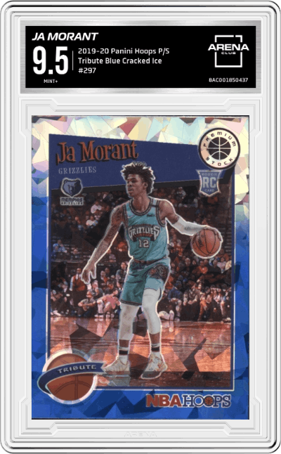 Ja Morant from the 2019-20 Panini Hoops Premium Stock set featuring a Blue Cracked Ice parallel graded by Arena Club and given an overall grade of 9.5.