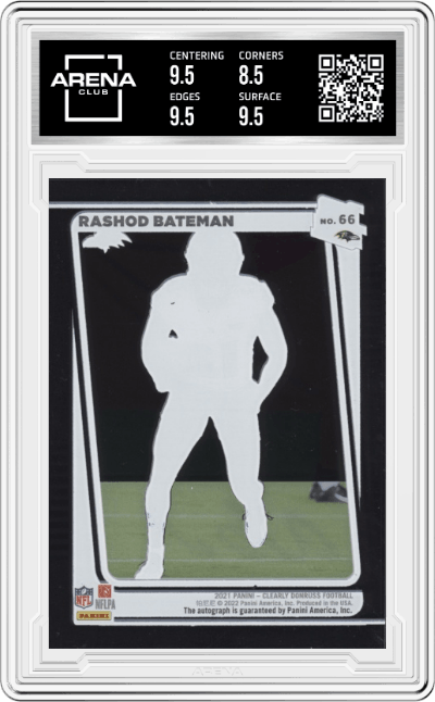 Rashod Bateman from the 2021 Panini Clearly Donruss set graded by Arena Club and given an overall grade of 9.
