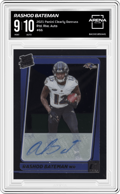 Rashod Bateman from the 2021 Panini Clearly Donruss set graded by Arena Club and given an overall grade of 9.