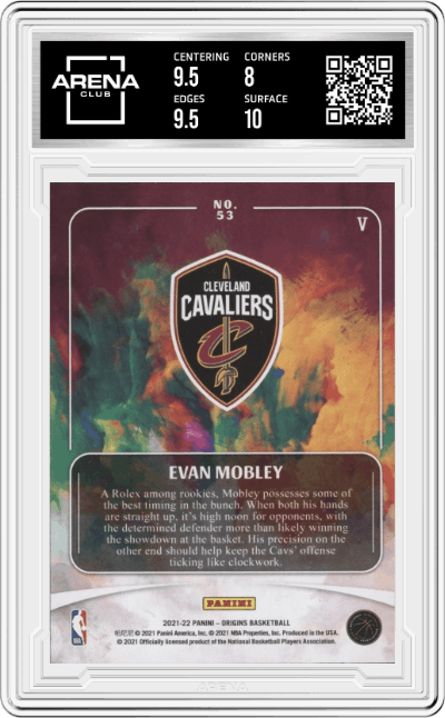 Evan Mobley from the 2021-22 Panini Origins set graded by Arena Club and given an overall grade of 8.5.