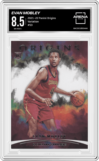 Evan Mobley from the 2021-22 Panini Origins set graded by Arena Club and given an overall grade of 8.5.