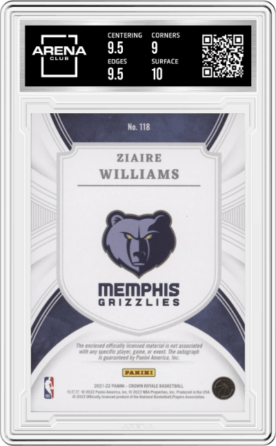 Ziaire Williams from the 2021-22 Crown Royale set graded by Arena Club and given an overall grade of 9.5.