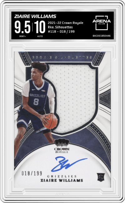 Ziaire Williams from the 2021-22 Crown Royale set graded by Arena Club and given an overall grade of 9.5.