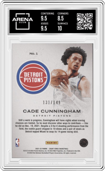 Cade Cunningham from the 2021-22 Panini Court Kings set featuring a Ruby parallel graded by Arena Club and given an overall grade of 9.