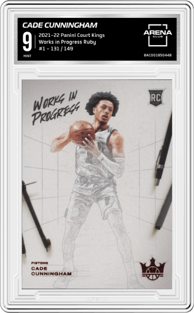 Cade Cunningham from the 2021-22 Panini Court Kings set featuring a Ruby parallel graded by Arena Club and given an overall grade of 9.