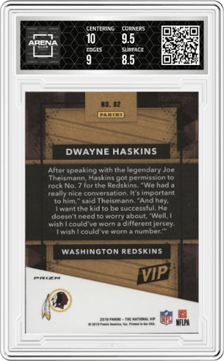 Dwayne Haskins from the 2019 Panini- The National VIP set graded by Arena Club and given an overall grade of 9.